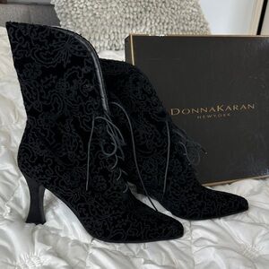 Donna Karan Black Velvet Lace-Up Ankle Boots with Patterned Texture